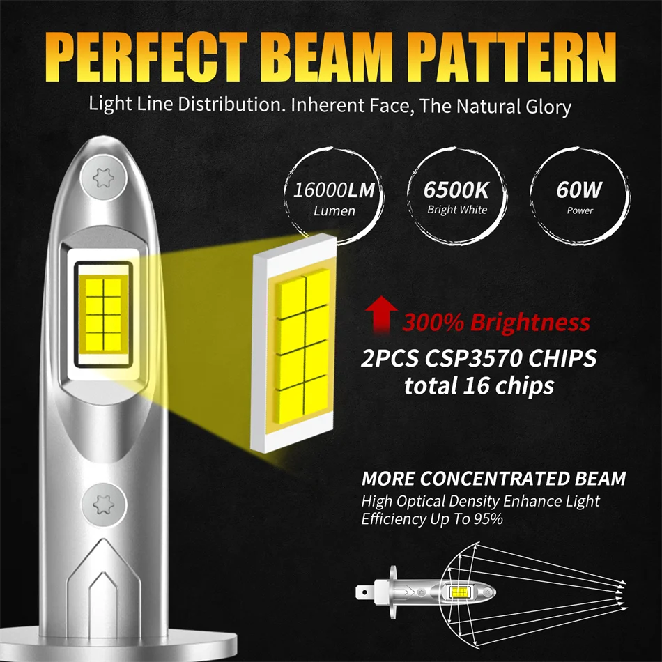 AILEO 2Pcs Led Lights H1 H7 16000Lm 60W High Quality H4 CSP Headlight Bulb For Car 6500K White Running Automobile Lamp Plug&Play view 3