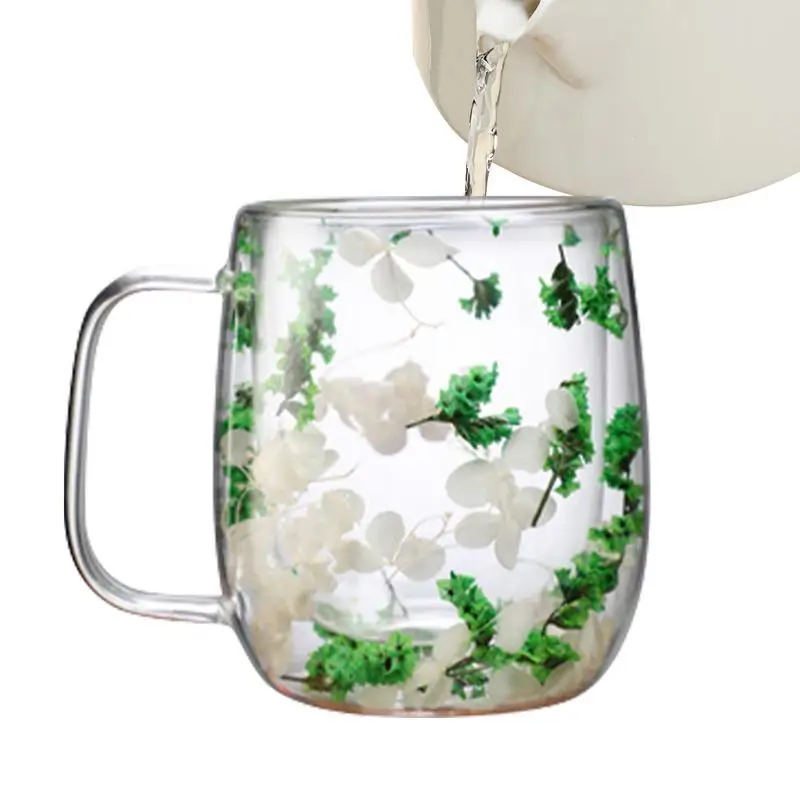 Creative style real flower dried flower double layer glass cup dried flower glass cup office bar home coffee Mug cold drink cup