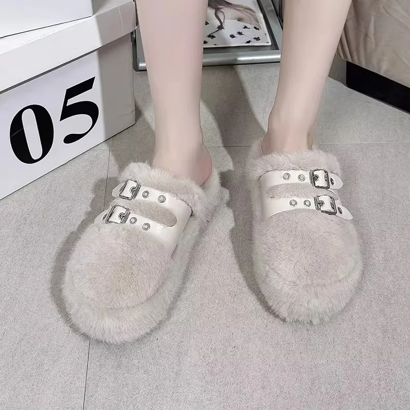 2024 Hot Sale Ladies Shoes Closed Toe Women's Slippers Winter Daily Slippers Women Belt Buckle Platform Warm Shoes Women Zapatos