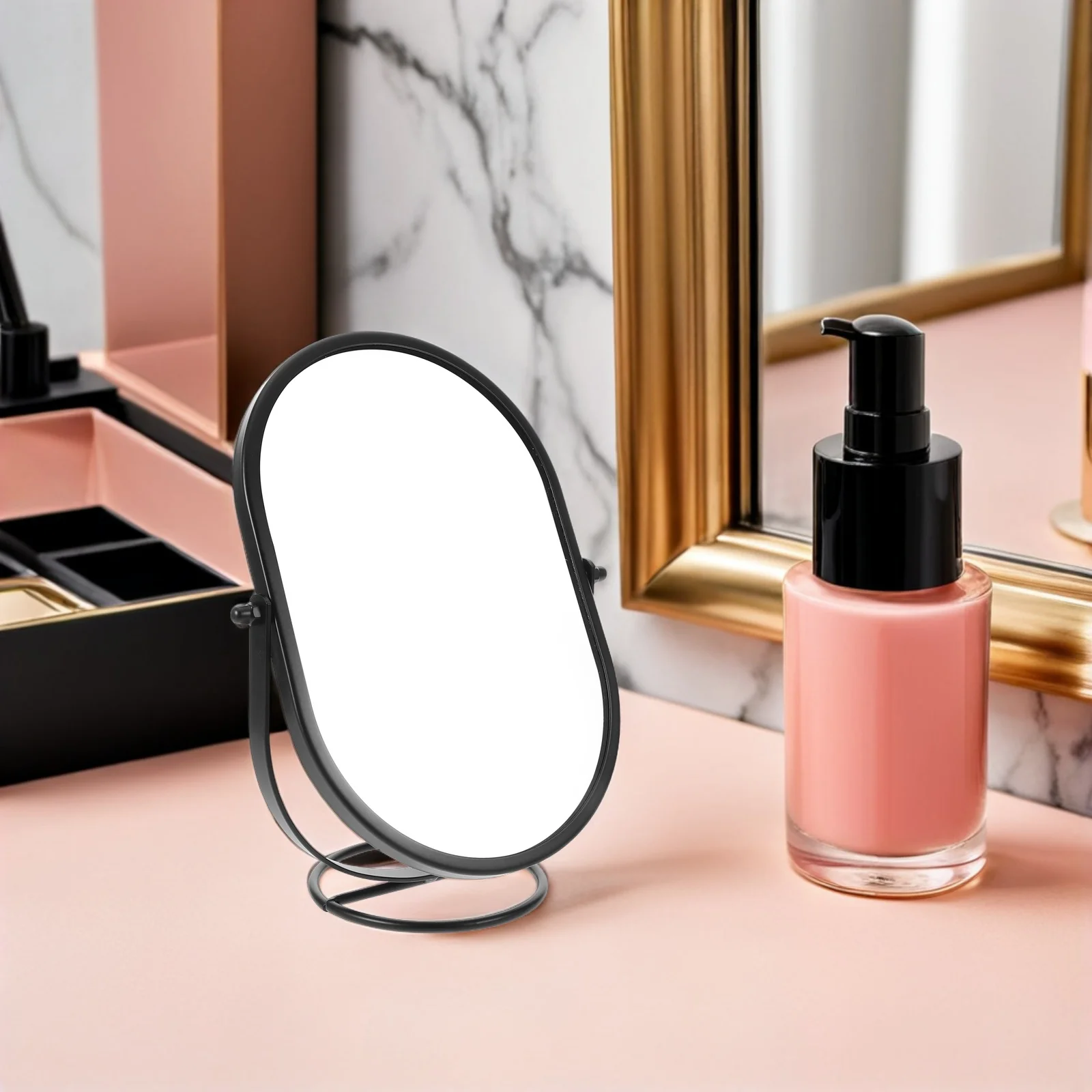 مرآة دوارة للمكتب باللون الأسود، مرآة مكياج بيضاوية حديثة قابلة للدوران، مستلزمات مكياج لسطح المكتب لغرفة النوم وغرفة المعيشة والحمام