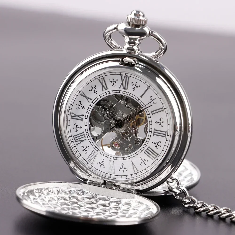 Silver Double Face Hand Wind Mechanical Pocket Watch Luxury Vintage Pocket&Fob Chain Watches Practical Pendant Chain Clock Gift