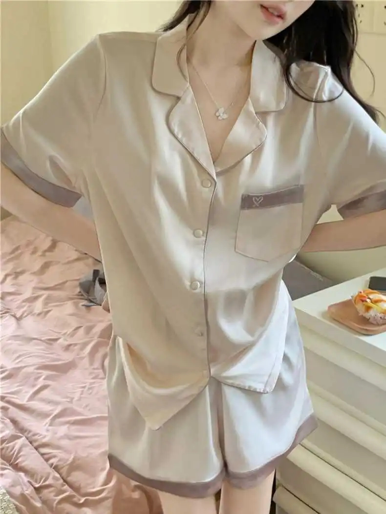 

Japanese Pajama Sets Women's Thin Summer Solid Color Shorts Shorts Loose Cardigan 2-piece Set Erotic Lingerie Chemise Nightgown