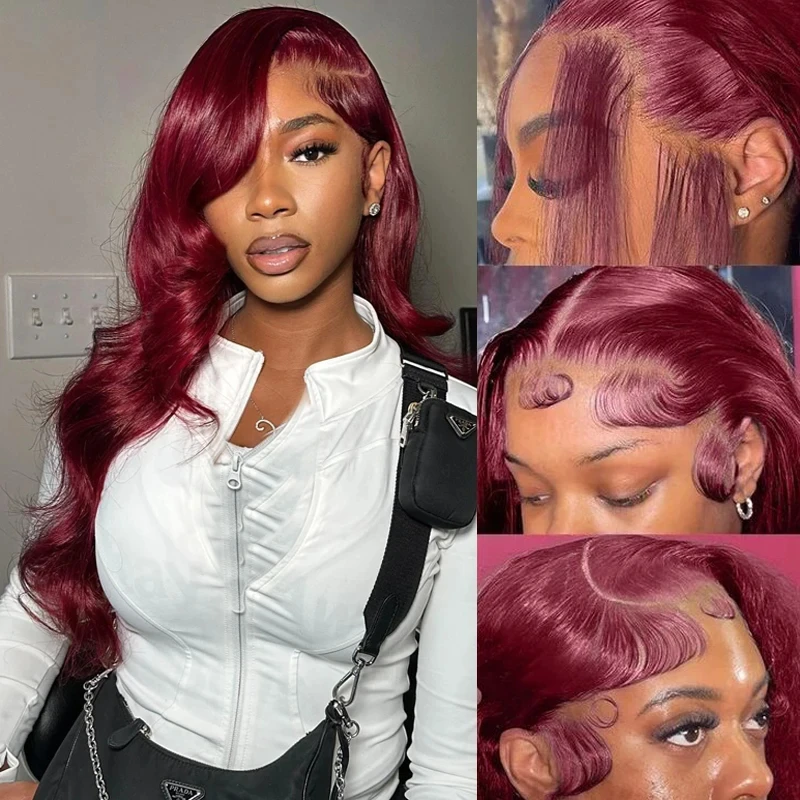 

13x4 HD Lace Frontal Human Hair Wig Body Wave Colored 99j Burgundy Red Wig Human Hair Pre Plucked 100% Real Human Hair For Women