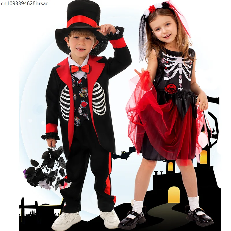 

2025 New Arrival Halloween Skull Flower Girls Mariachi Morris Dress Up Boys Day of the Dead Child Costume