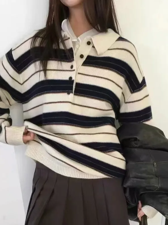 

Ретро корейский свободный повседневный длинный вязаный свитер в полоску для женщин, теплый ленивый свитер с отложным воротником, осень-зима