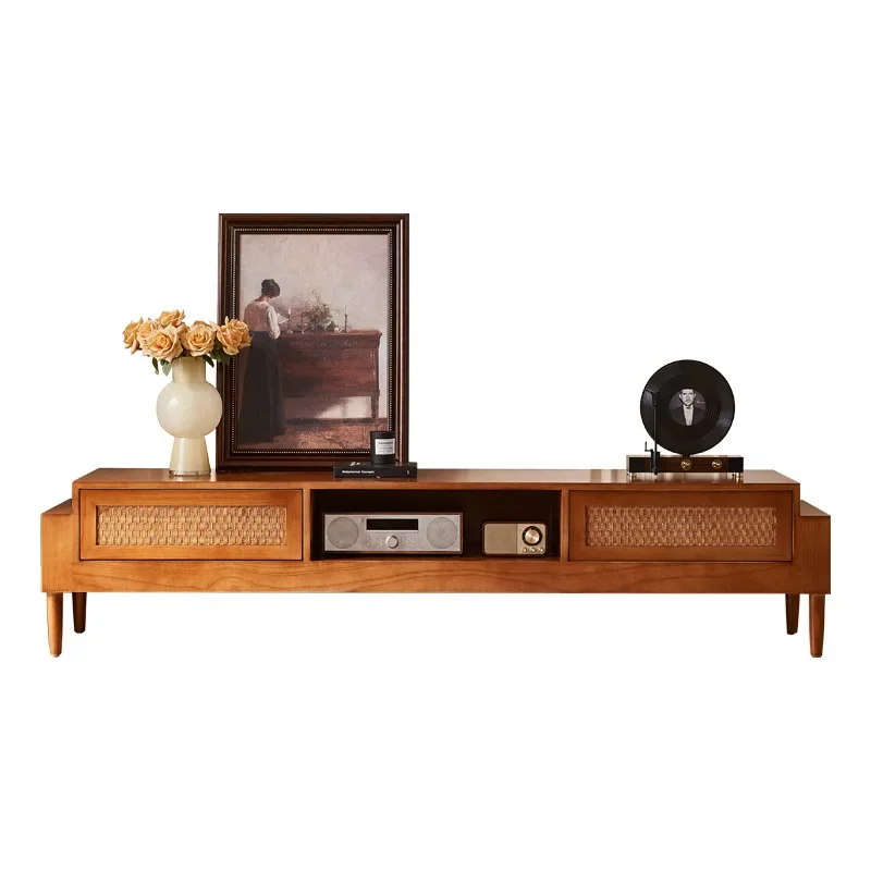 wabi sandy rattan, solid wood TV cabinet, home living room, corner cabinet of drawers, retro locker