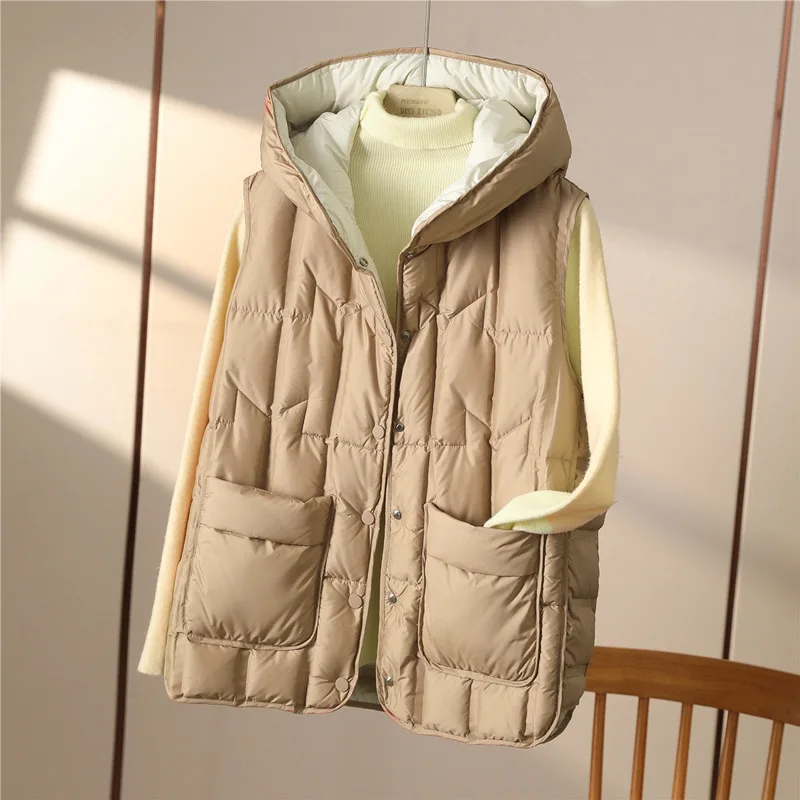 Women Light Thin White Duck Down Vest Jacket Autumn Winter Oversize Hooded Down Waistcoat Coat Parkas Lady Short Sleeveless Tank