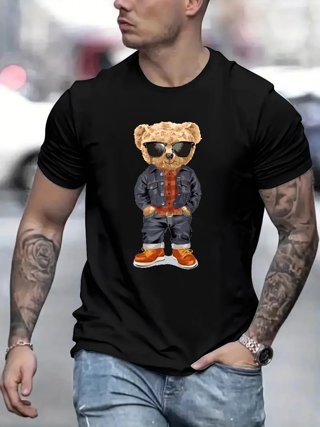 Cool Teddy Bear Men\'s Trendy T-shirt For Summer Outdoor, Casual Mid Stretch Crew Neck Tee Short Sleeve Graphic Stylish Top