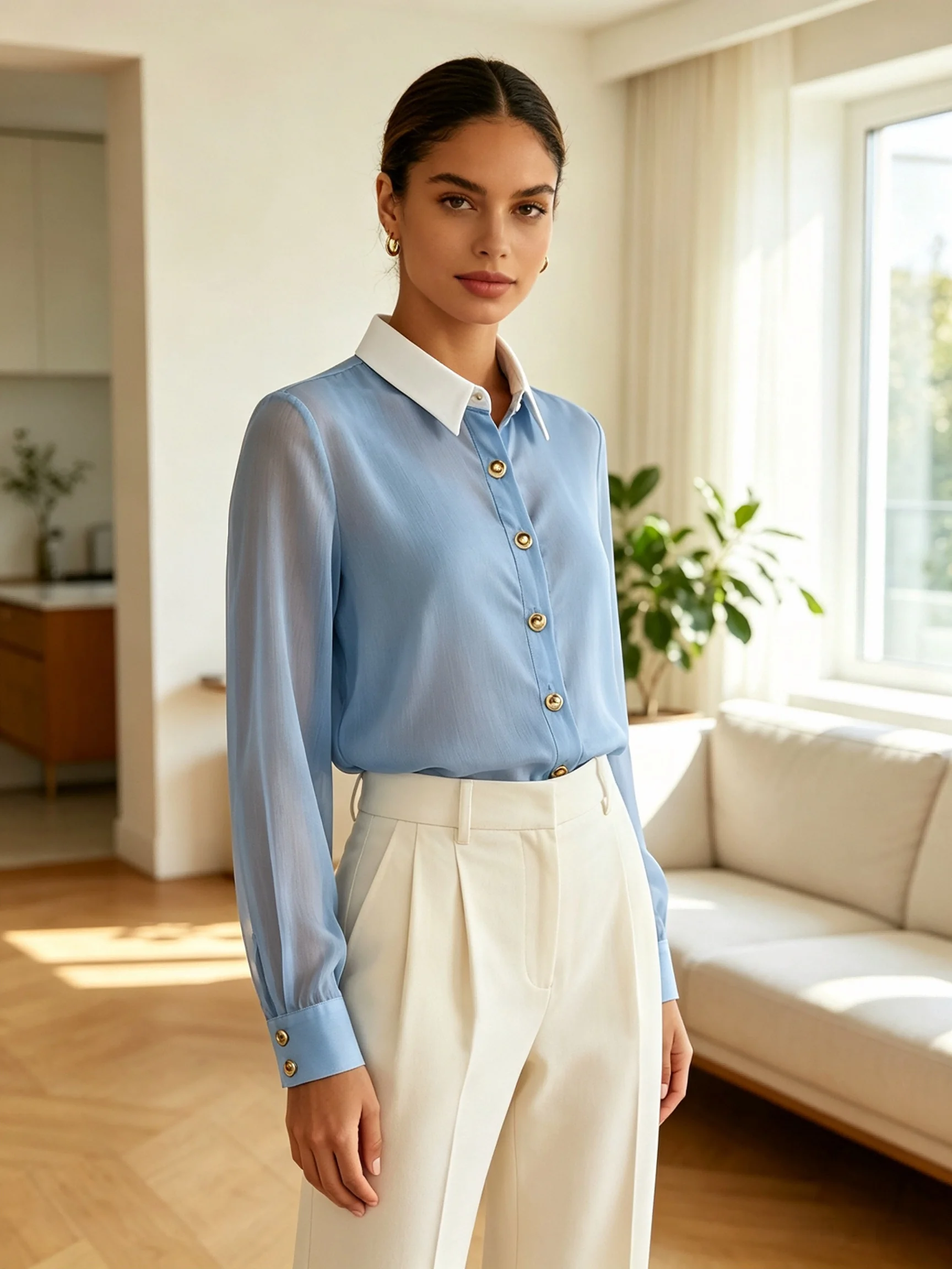 Women's Chiffon Shirt Slim Fit Contrast Collar Office Blouse Spring…