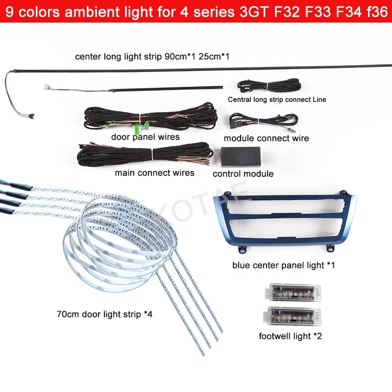 For BMW 3 Series 4 Series F32 F33 F34 F36 9-Color LED Ambient Light Interior Door Central Control Decorative Lighting Kit