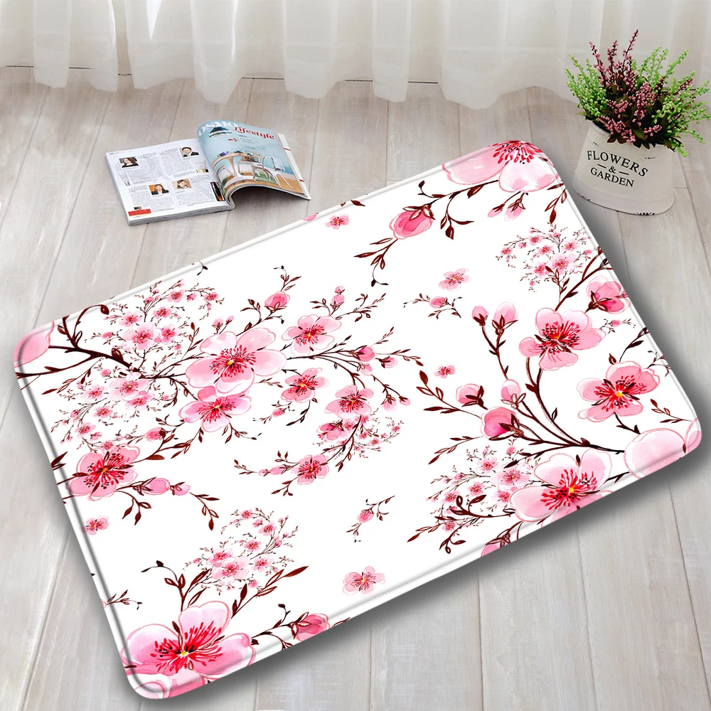 Pink Cherry Blossom Bath Mats 3pcs Set Plant Flowers Carpet Modern Print Home Bathroom Decor Door Rug Anti-Slip Toilet Cover Mat