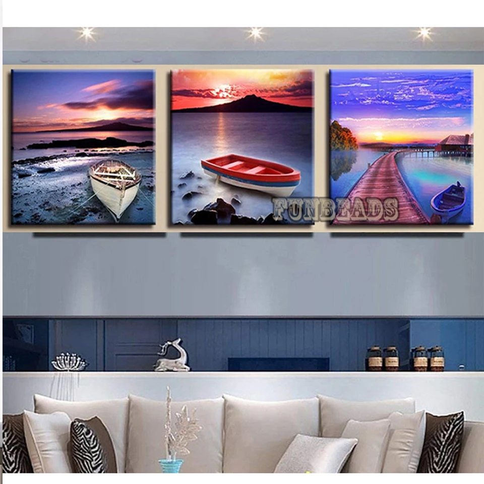 Triptych full square/round diamond painting cross-stitch lake, boat Mosaic rhinestone embroidery home decorative 20X20X3  002