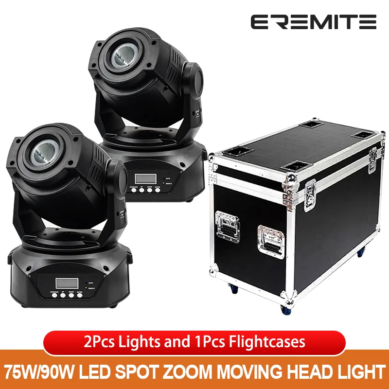 

2Pcs with Flycase 75W/90W LED Beam Spot Zoom Moving Head Light RGBW Gobo DMX Support Sound Activated & Auto Mode for Disco Bars