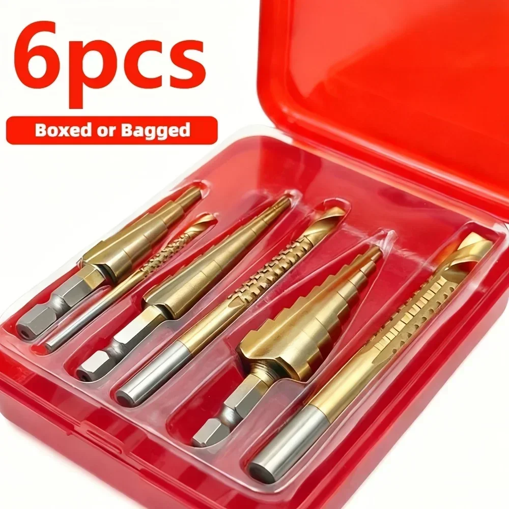 Conjunto de Brocas Escalonadas de 6 Peças, Kit de Brocas HSS de Titânio para Metal, Ferro e Madeira, Ferramentas de Corte de Furos de 4-12mm, 4-20mm, 4-32mm, 3mm, 6mm, 8mm