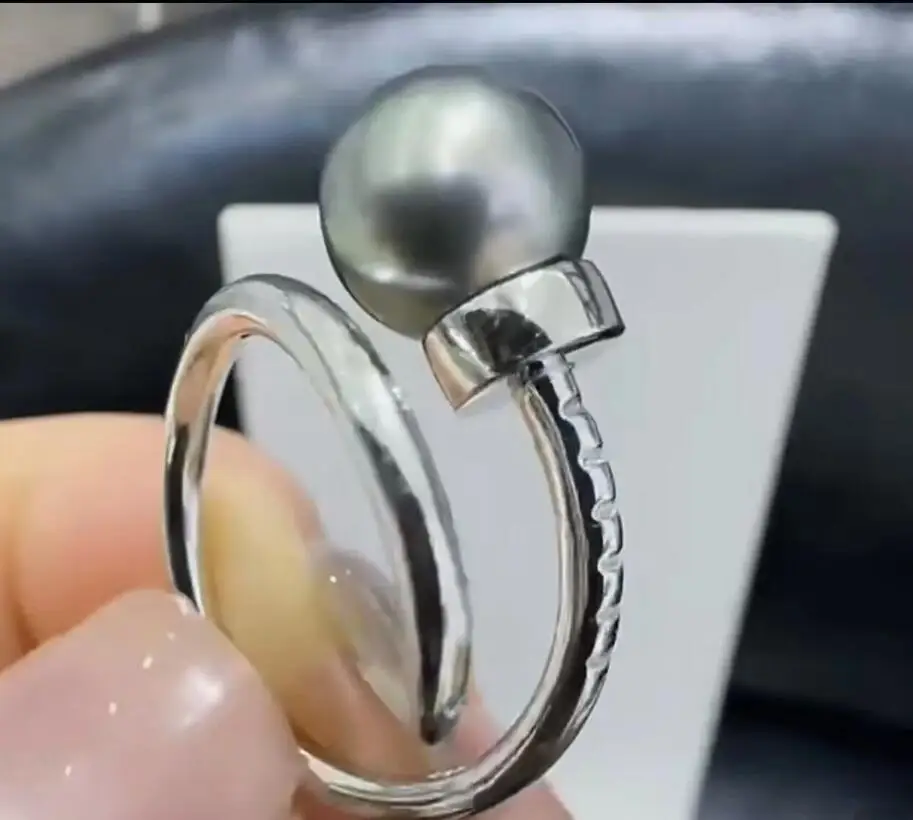 stunning 9-10mm tahitian round black green pearl ring 925s