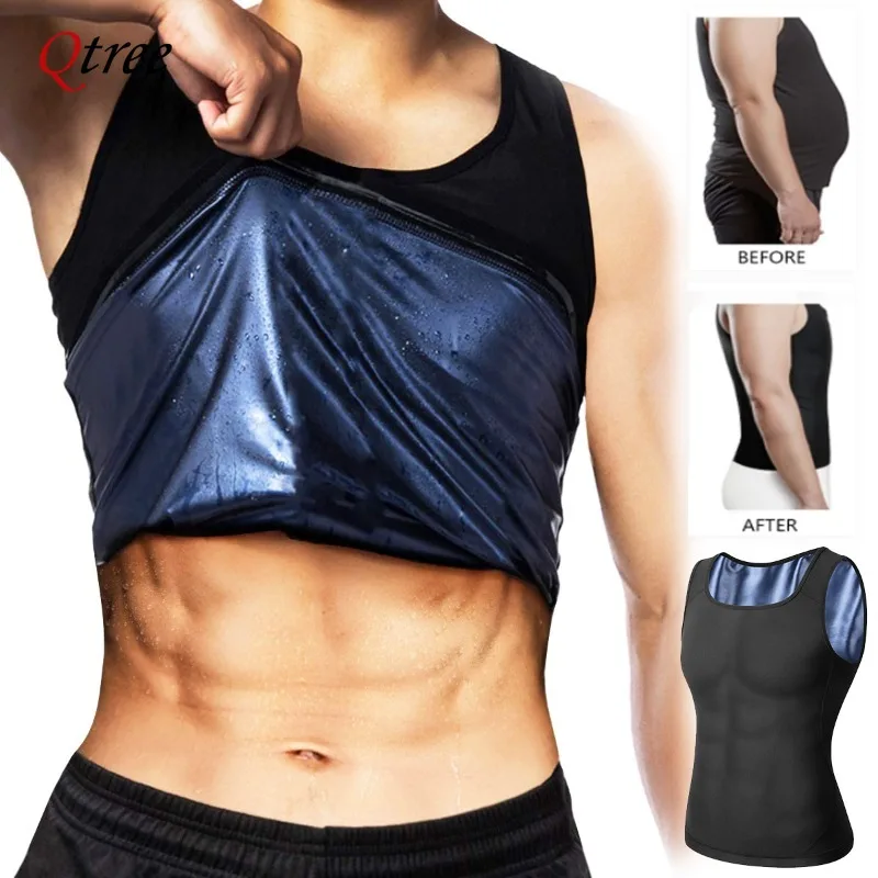 Qtree Mannen Shapers Polymeer Sauna Vest Zweet Afslankende Compressie Tops Met Rits Taille Trainer Workout Shirt Warmte Trapping Pak