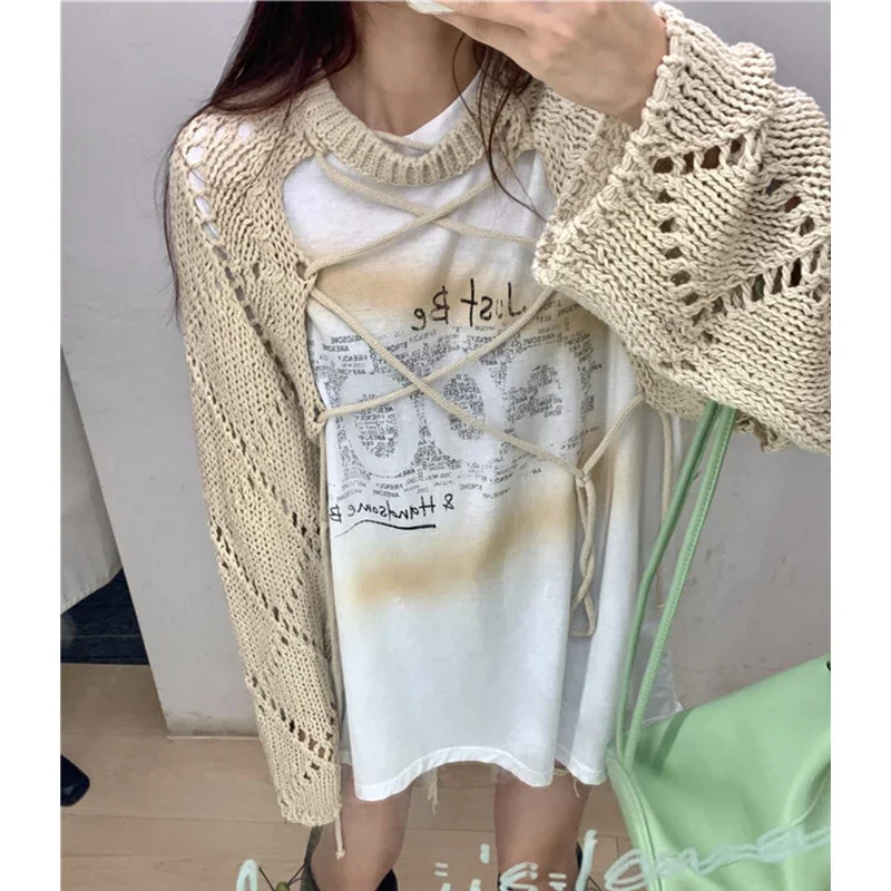 2024 Women Korean Style Hollow Out Knitted Sweater Pullover + T-shirt 2 Pieces Sweater Loose Shawl Tops