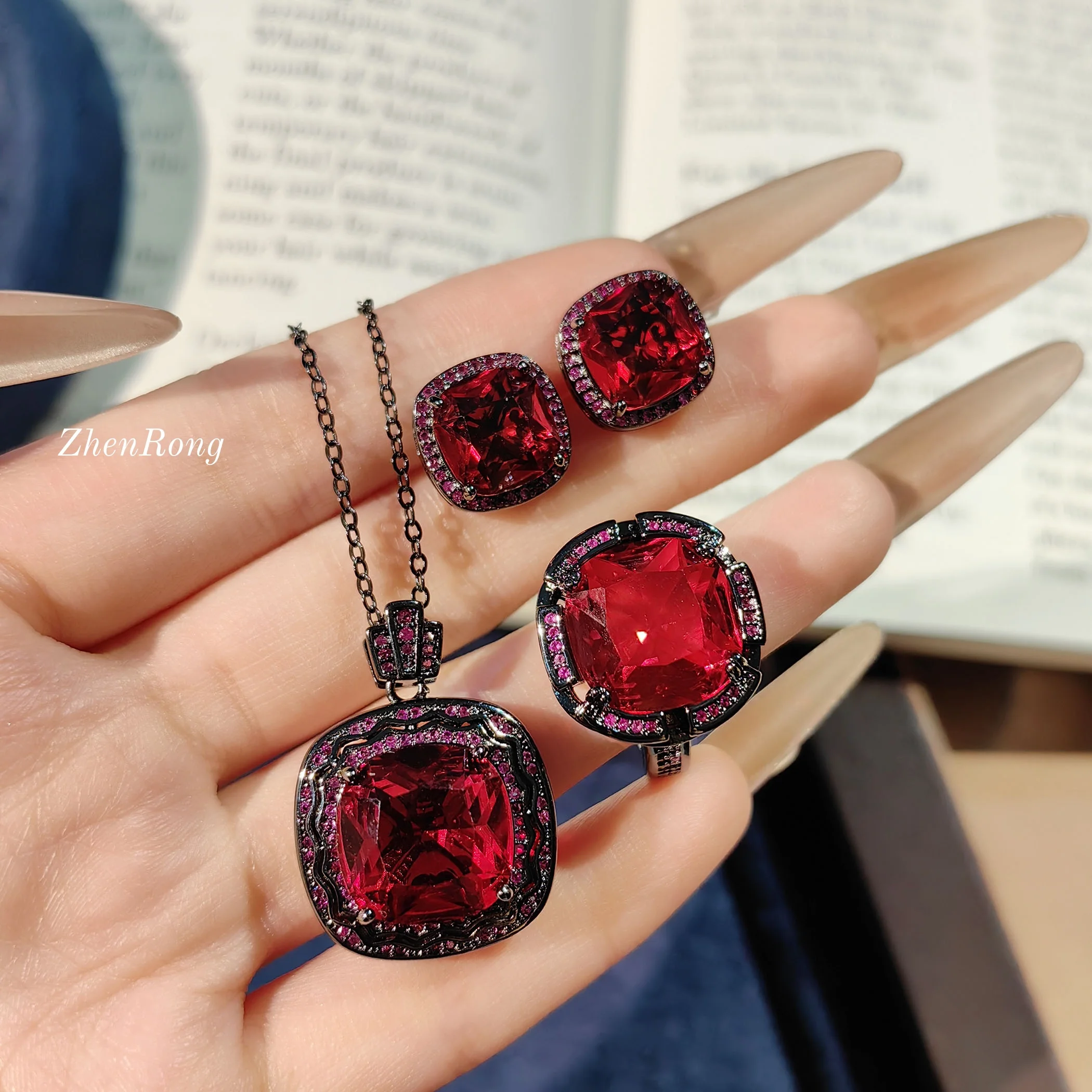 European and American dark style red zircon set with black gold plating ring, women's temperament necklace set, earrings