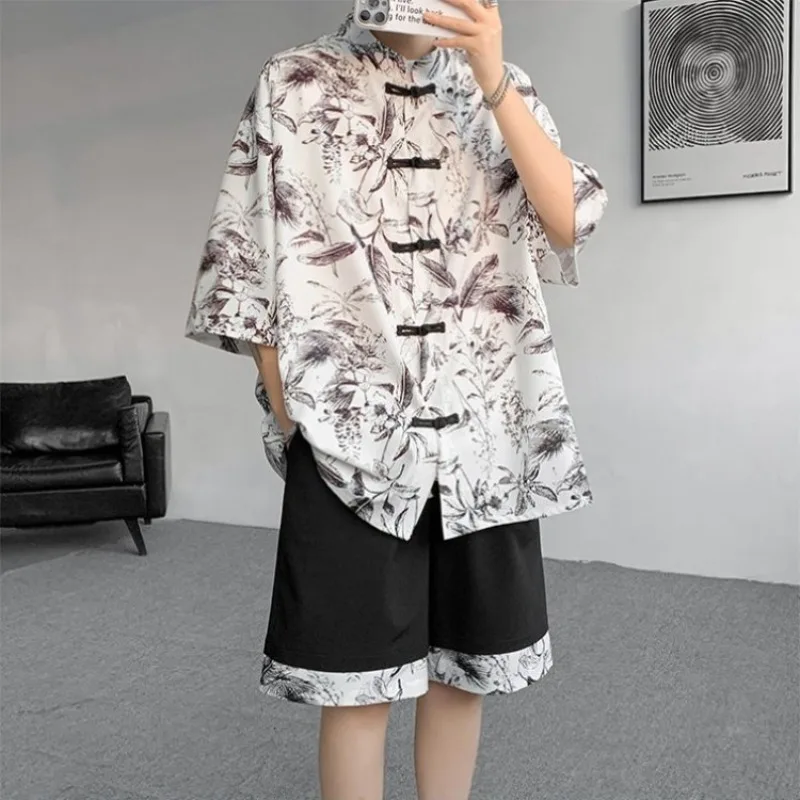 

Chinese Traditional Style Men Ice Silk Frog Button Short Sleeve Shirt Shorts Set High End Edgy Casual Two Piece Outfit
