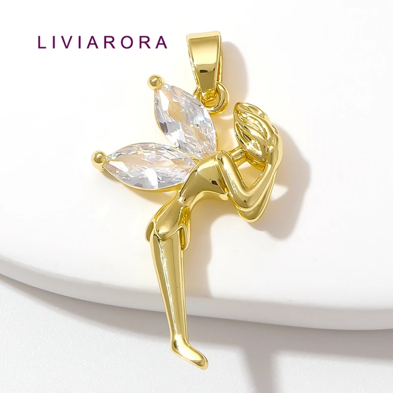 1/2/3Pcs 18K Gold Plated Brass Fantasy Fairy Charms For Jewelry Making,CZ Angel Wing Girl Charms Pendant For DIY Necklace Making