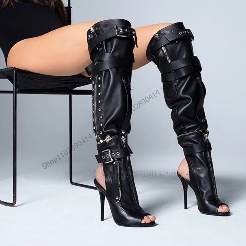 Black Belt Fastener Rivets Decor Hollow Cut Heel Boots Side Zipper Women Shoes Thin High Heels Runway 2023 Zapatos Para Mujere