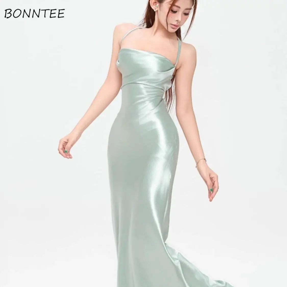 Dresses Women Satin Mint Green Slim Sleeveless Bandage Backless Hip Wrapped Elegant Ladies Sexy European Style Simple Ins Party