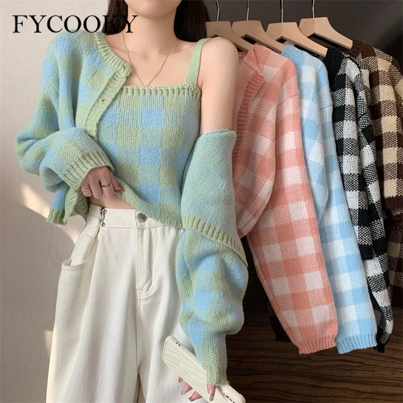 

Fashion Vintage Plaid Sweater Coat Women Autumn Winter New Knitted Camis Cropped Cardigan Two Piece Suits
