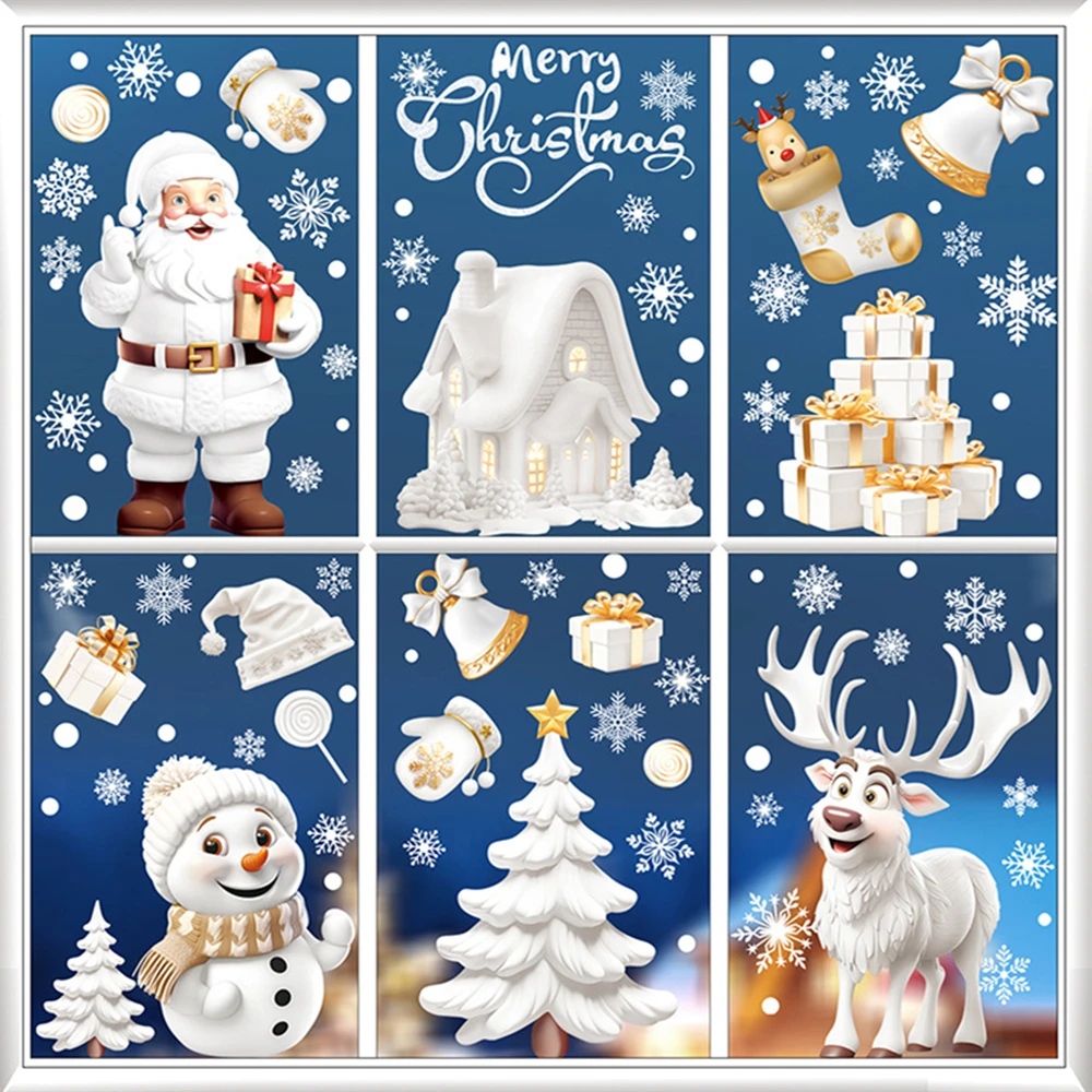 9 Sheets Christmas PVC Static Window Stickers Santa Reindeer Snowflake Double-Sided Print DIY Xmas Glass Decor No Residue Clings