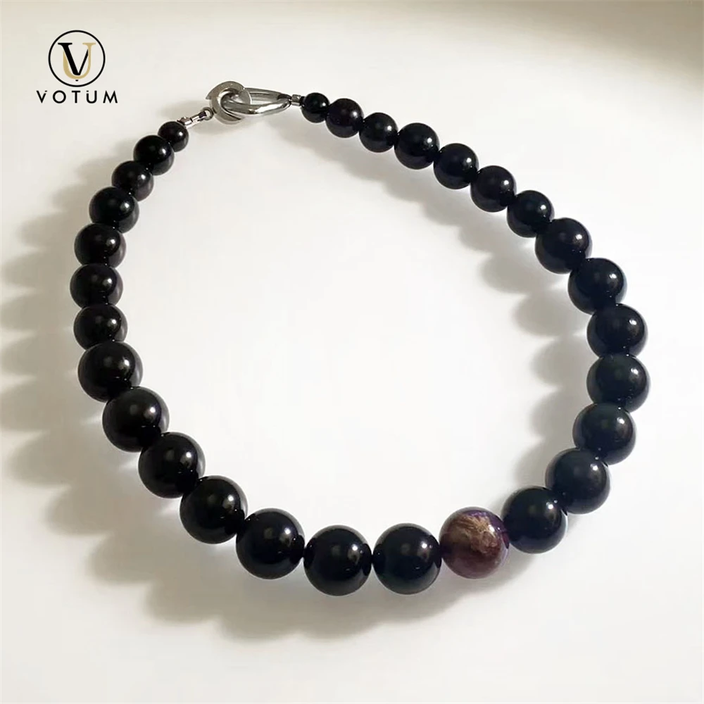 Votum Natural Obsidian Amethyst Purple Phantom Quartz Beaded Choker Necklace for Unisex Crystal Healing Stone Necklaces Jewelry