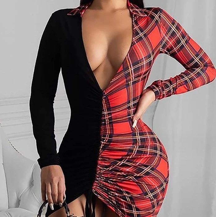 Sexy Elegant Evening Party Dresses Long Sleeved Deep V-Neck Pleated Plaid Patchwork Dress New Fashion 2024 Summer Casual