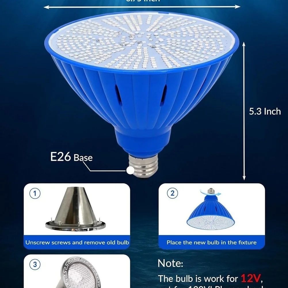E26 Base 12V RGB LED Pool Light 5000lm Brightness IP45 Enclosure Remote Control Function for Swimming Pool and Spa Lighting