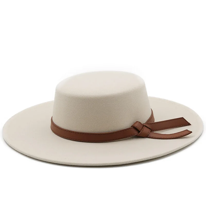 Cream Flat Top 10cm Wide Brim Fedora Hats Men Gentleman Boater Hat Fashion Party Wedding Hats for Women Elegant Church Chapeu