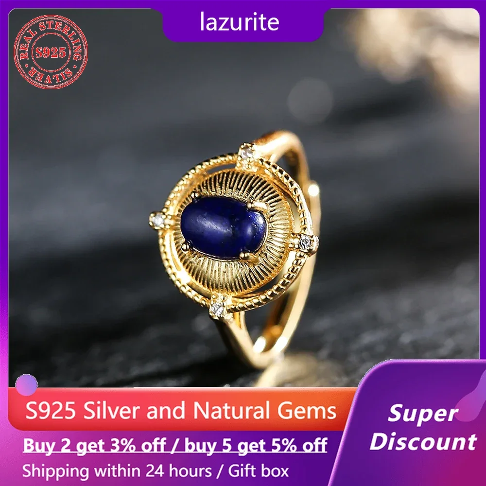 New S925 pure silver 18k gold ring inlaid with natural crystal lapis lazuli women's ring wedding jewelry accessories gift