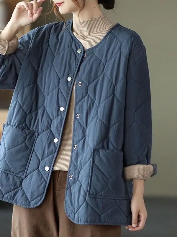 Artistic Vintage Cotton Jacket Women's Winter Coat Thin Single Row Button Knitted Loose Fit Long Sleeve round Neck Polyester ...