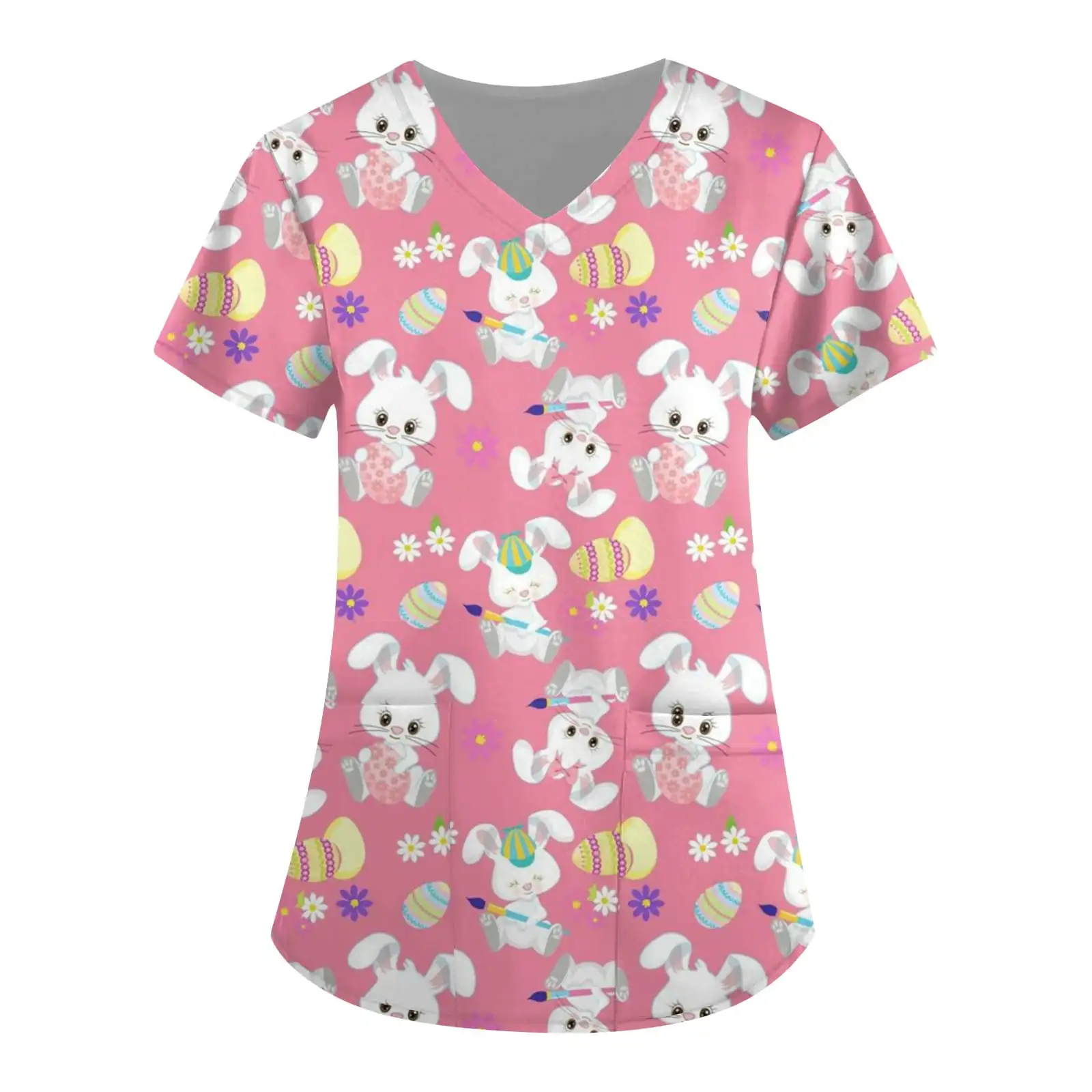 Uniforms Women Medical Cute Rabbit Cartoon Print Microstretch Obstetrics Nursing Top V-Neck Short Sleeve Clinical Uniforms Woman