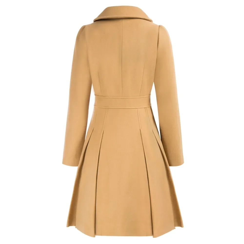GK Women Long Sleeve Coat Double Breasted Overcoat Above Knee Pleated Lapel A-Line Wool Blends Coat Winter Warm Jackets