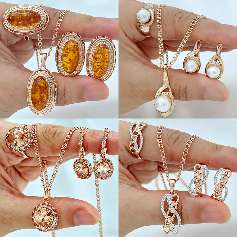 Kinel Hot 4 Stile Natürliche Zirkon-Schmucksets für Damen Mode 585 Roségold-Farbene Ringe Ohrringe Halskette Täglicher Edel-Schmuck
