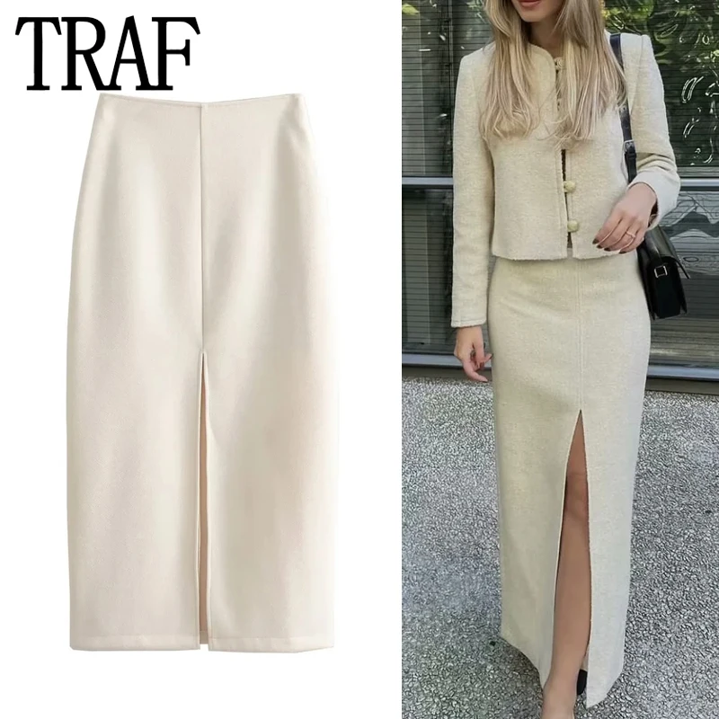 

TRAF 2024 Beige Pencil Skirt Woman High Waist Midi Skirt With Slit Stylish Long Skirts For Women Elegant Social Women's Skirts