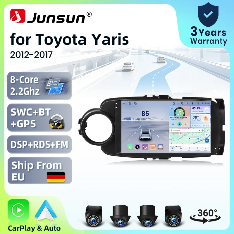 Systèmes stéréo intelligents Android 15 Junsun 9 pouces pour Toyota Yaris 2012-2017, autoradio avec CarPlay sans fil, commande vocale IA, écran tactile IPS, lecteur multimédia intelligent, unité principale 2 DIN, GPS, Mirror Link, Bluetooth automobile, 4G, 8 cœurs, FM, DSP, RDS, SWC, DAB+