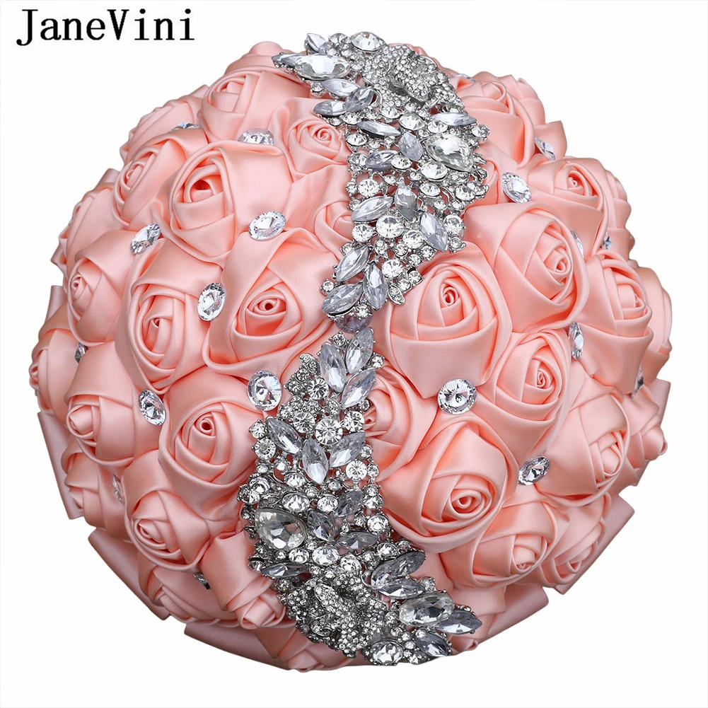 

JaneVini Sparkly Silver Jewelry Crystal Wedding Bouquets for Bride Bridesmaids Artificial Rose Beaded Rhinestone Bridal Flowers