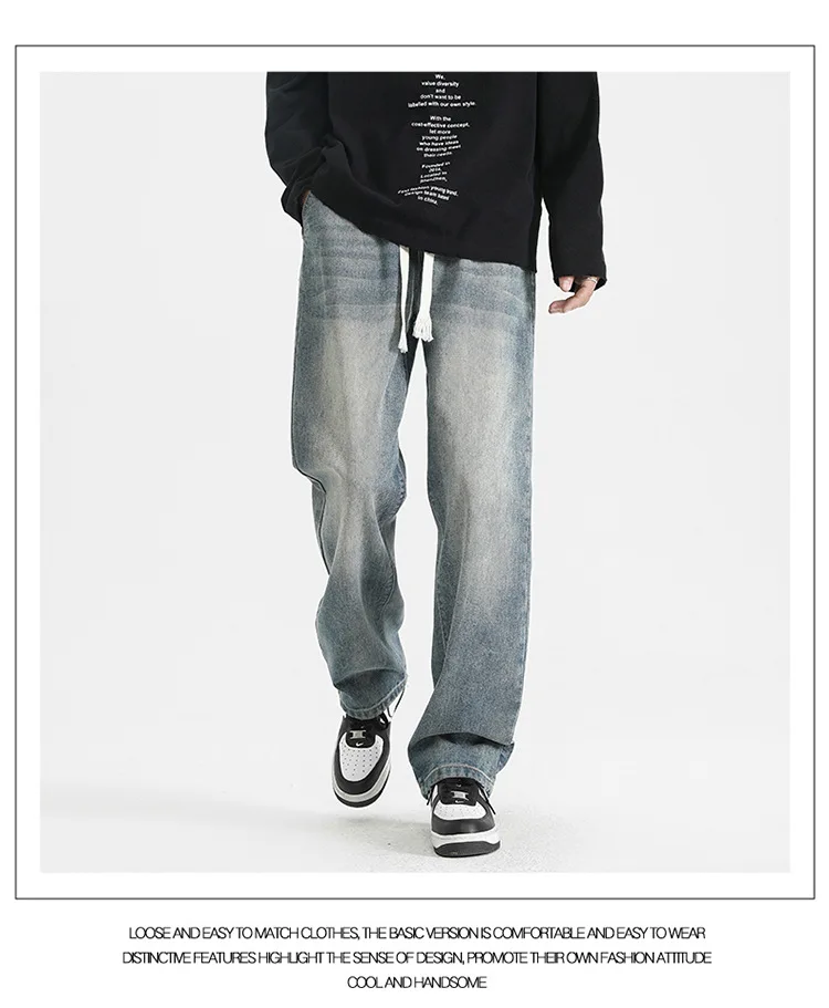 American Vintage 2025, neue Mode für Herren, lässig, trendig, weites Bein, gerade, lockerer Kordelzug, Denim-Hose, männlich, Basic, einfache Jeans