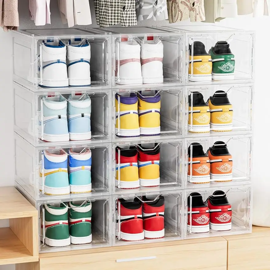 

Delamu Large & Sturdy Clear Shoe Storage Organizer, Stackable Shoe Storage Boxes for Closet, Foldable Space-saving Storage Bins