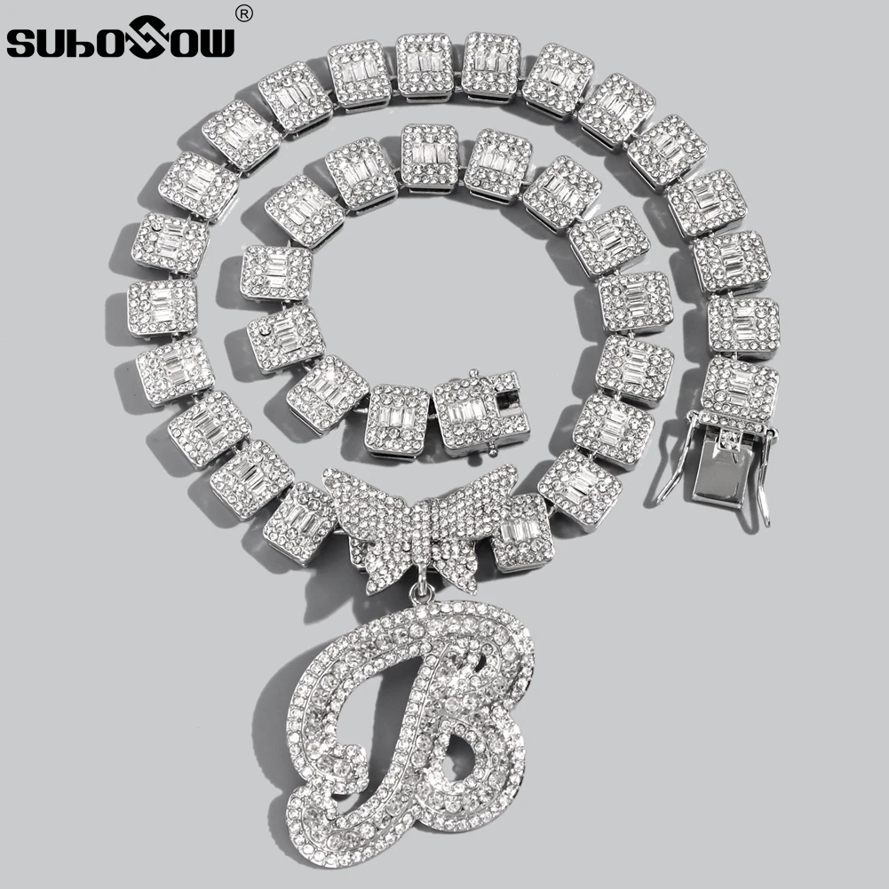 Hip Hop Butterfly Letter kubański Link Chain naszyjnik dla kobiet mężczyzn Iced Out Chain Crystal początkowa bagietka naszyjniki biżuteria prezent