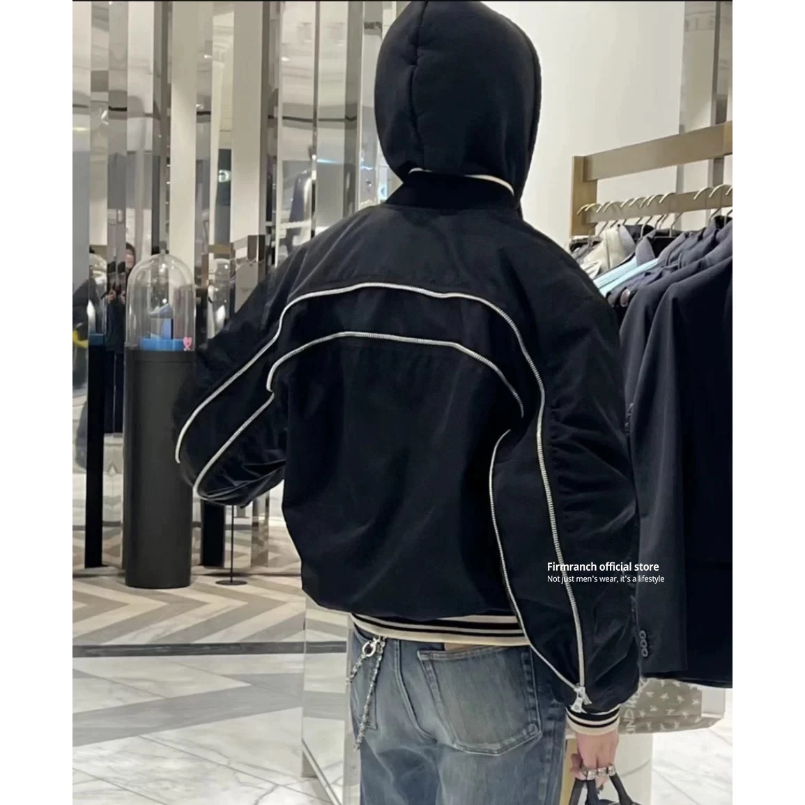 

Firmranch Black Back Arc-shaped Zipper Design Biker Jackets Women Men's Short Coat Loose Spring Autumn Winter Bomber Blazer