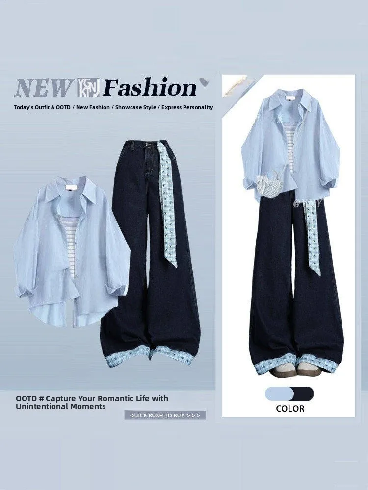 

Весенний корейский женский комплект из двух предметов: джинсовая рубашка с воротником-стойкой и полосатыми бретелями, а также повседневная модная футболка с высокой талией