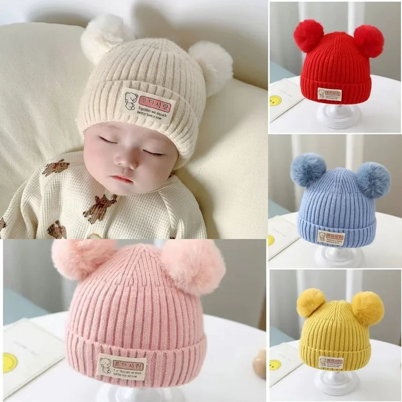 Gorro de punto con pompón para niños y niñas, gorro cálido de Color sólido, accesorios de invierno