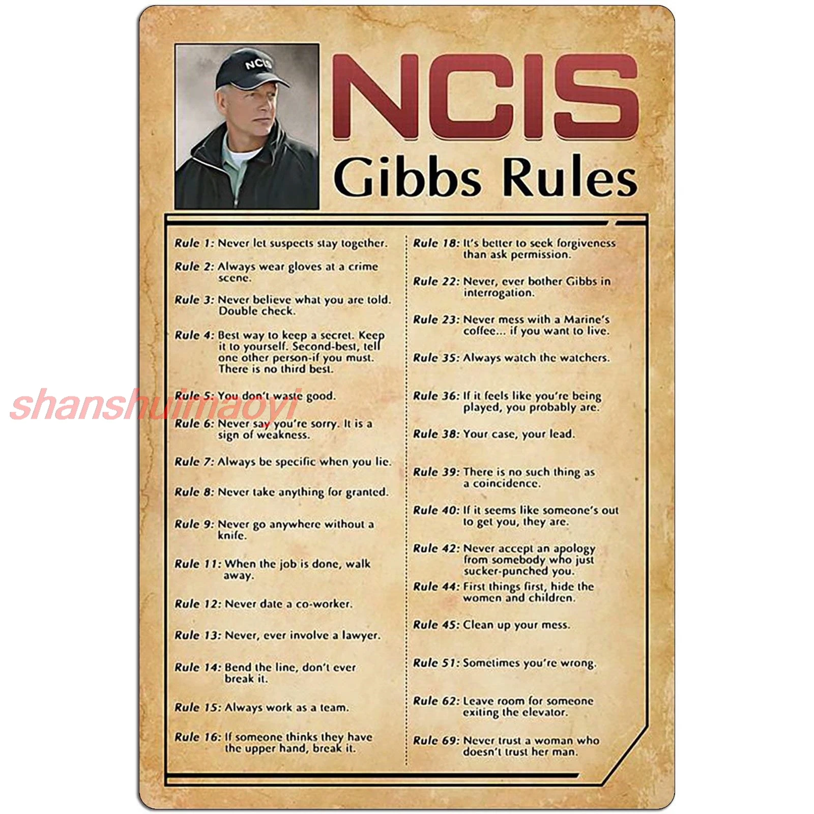 Retro Poster Tin Sign, NCIS-Gibbs-Rule Printed Canvas Decoration! Funny Family Cafe Kitchen Bathroom Man Cave Wall Decor SHANSUI