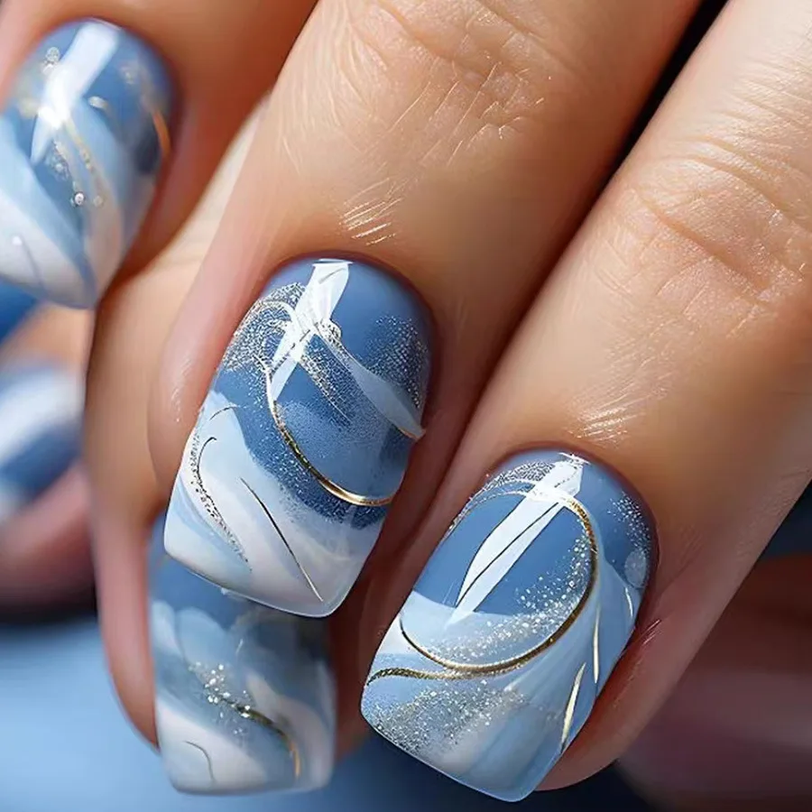 Kurze künstliche Nägel für Frauen und Mädchen, Farbverlauf Blau-Lila mit silbernen Streifen, glänzende quadratische Nagelspitzen, zum Aufkleben, falsche Nägel
