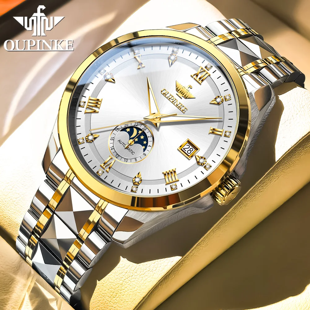 ساعات رجالية OUPINKE كاجوال عصرية من الفولاذ الناعم الأصلي ساعة يد ميكانيكية أوتوماتيكية مقاومة للماء مضيئة تاريخ القمر المرحلة الجديدة