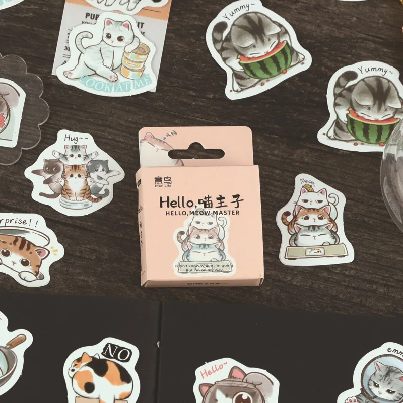 45pcs Hello Meow Master Decorative Boxed Stickers Cute Cat Scrapbooking Material Label Diary Stationery Album Journal Planner